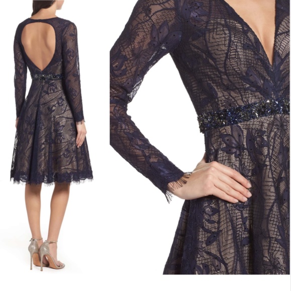 NEW‎ $498 Mac Duggal Open Back Lace A-Line Dress Navy/Nude [SZ 4 ] - Picture 2 of 9
